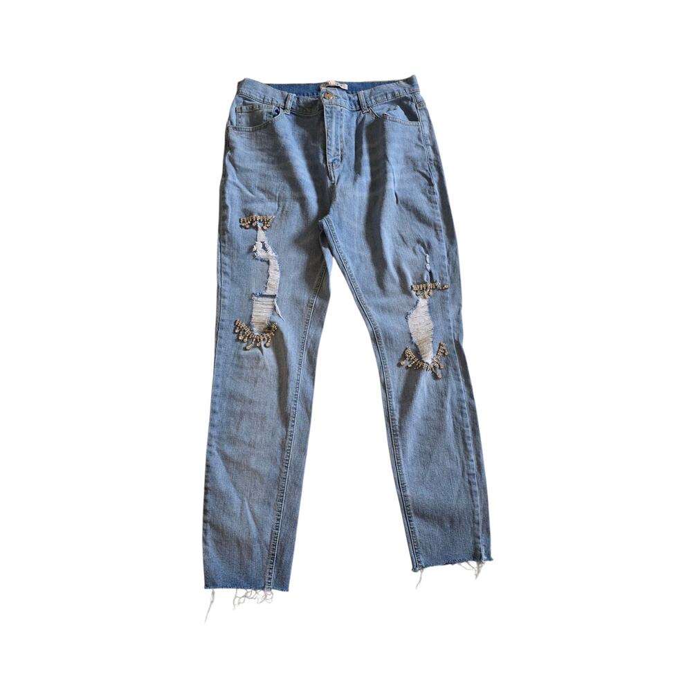 Free Generation Distressed Bling No Hem Jeans Size L 32" X 27"